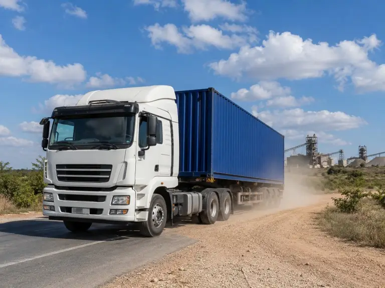 Грузовик Shacman 6x4, везущий загруженный контейнерный прицеп по гравийной подъездной дороге с асфальтированным шоссе на заднем плане