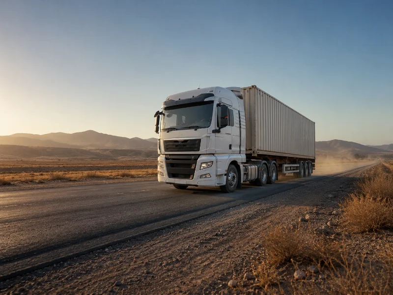Загруженный трактор SITRAK 6x4, перевозящий контейнерный прицеп по экспортной трассе в конфигурации Euro V
